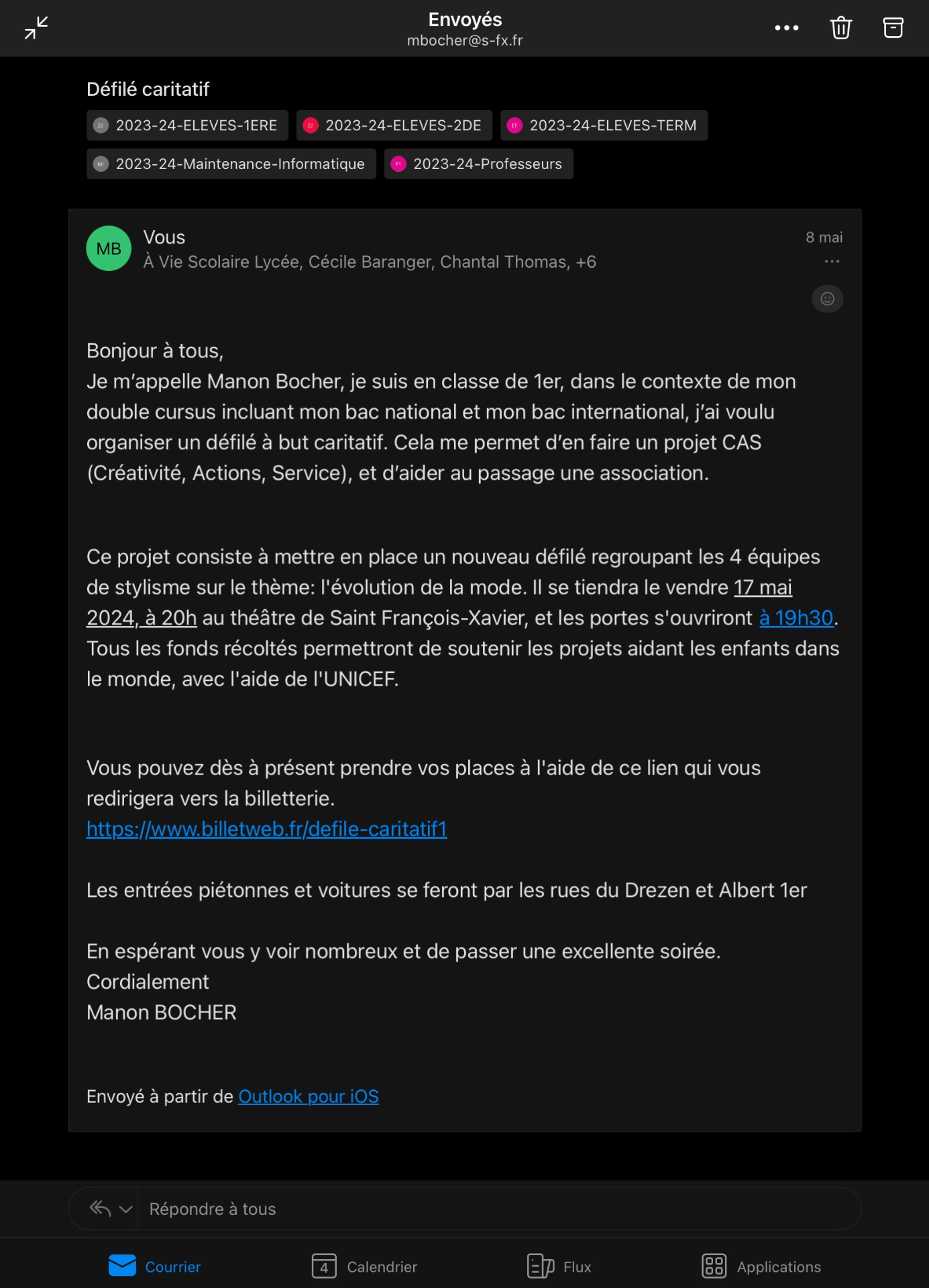 Mail envoyé de ma part au lycée 